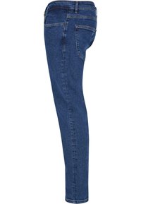 Jeans skinny iz temno modrega jeansa z gladko teksturo, petimi žepi in standardnim pasom. Šivani detajli vzdolž šivov.
