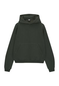 Felpa verde scuro, realizzata in tessuto misto cotone. Presenta una grande tasca frontale, polsini e orlo a costine, e un cappuccio spazioso con un design semplice.
