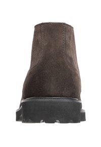 Brown suede ankle boots with a smooth finish, rounded toe, and a rugged black rubber sole. Features vertical stitching on the back.