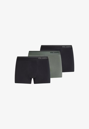 Trois paires de boxers pour hommes en noir, vert foncé et bleu marine, avec des ceintures logo imprimées et un tissu doux et extensible.