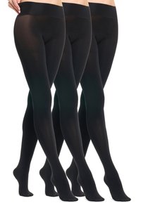 Collant neri opachi con una texture morbida, cintura senza cuciture e forma aderente, presentati in un trio. Adatti per vari outfit.