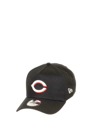 Black baseball cap made of fabric, featuring a white and red "C" logo on the front, with a curved brim and adjustable strap.