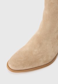 Stivale ankle in suede beige con punta appuntita e texture liscia. Presenta una suola in gomma marrone chiaro.