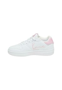 White sneaker with pink accents, featuring a smooth texture, lacing system, and a logo design on the side and back heel.