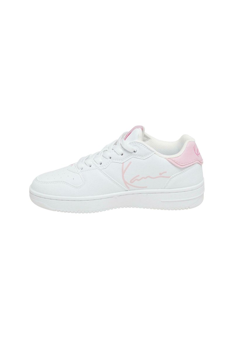 White sneaker with pink accents, featuring a smooth texture, lacing system, and a logo design on the side and back heel.