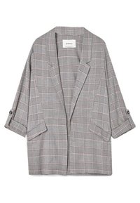Blazer à carreaux gris avec manches retroussées aux trois-quarts, col structuré et coupe décontractée. Lignes d'accent roses subtiles dans le motif.