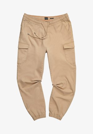 Béžové cargo kalhoty s elastickým pasem, stahovací šňůrkou, bočními kapsami a elastickými manžetami. Hladká tkanina s minimálními švy.