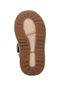 Rubberen zool met een gestructureerd bruin ontwerp, voorzien van groeven voor grip en een beige tussenzool. De linkse hiel heeft een gedeeltelijke stoffen accent.
