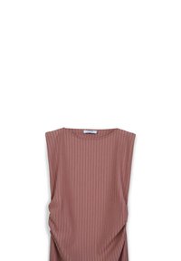 Sleeveless ribbed mauve top with a round neckline and a slightly gathered detail at the waist.