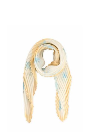 Kremowy szal z niebiesko-beżowymi kwiatowymi wzorami, plisowanym materiałem i falistymi brzegami, ułożony w luźną pętlę.