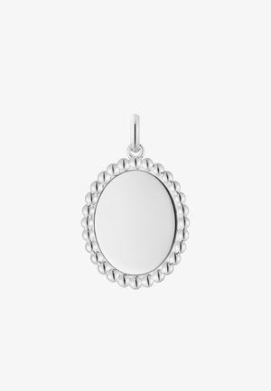 Pendentif en argent présentant un centre lisse et rond entouré d'une bordure texturée de perles ; comprend une boucle pour attacher.