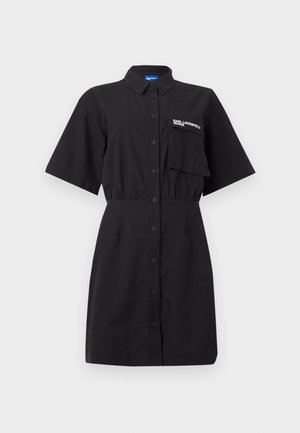Black short-sleeve button-up dress with collar, elastic waist, chest pocket on left with "Karl Lagerfeld Jeans" logo in white.