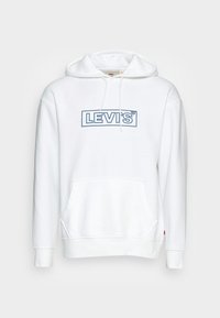 Sudadera blanca hecha de tejido suave, con un bolsillo frontal, capucha con cordones y un logotipo azul de LEVI'S impreso en el pecho.