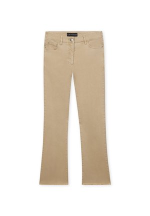 Beige flared jeans made from soft cotton blend fabric, featuring a zip fly, front pockets, and a subtle frayed hem at the ankle.