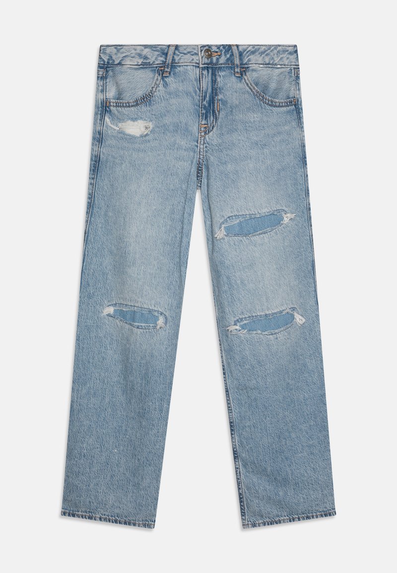 Jean en denim bleu clair avec une coupe droite, présentant des déchirures effilochées aux genoux et un style classique à cinq poches.