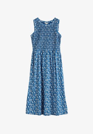 Plava haljina s cvjetnim uzorkom, s nabranym tijelom, bez rukava i lepršavom suknjom. Izrađena od lagane tkanine.