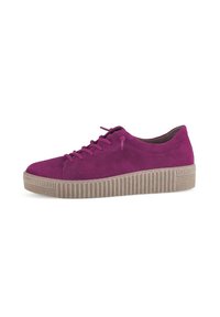 Purple suede sneaker with round toe, laces, and a textured beige rubber sole. Features smooth upper and a subtle stitching detail.