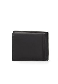 Portafoglio bifold nero in pelle liscia, presenta multiple fessure per carte su un lato e un design semplice e minimalista.