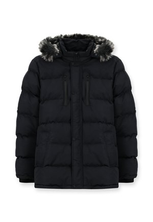 Dunkelblauen Pufferjacke mit abnehmbarer Kunstfellkapuze, zwei mit Reißverschluss verschließbaren Brusttaschen, einem Druckknopfverschluss vorne und gerippten Bündchen.