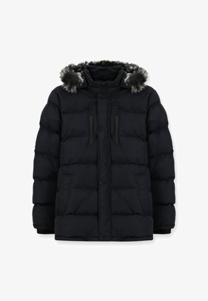 Dunkelblauen Pufferjacke mit abnehmbarer Kunstfellkapuze, zwei mit Reißverschluss verschließbaren Brusttaschen, einem Druckknopfverschluss vorne und gerippten Bündchen.