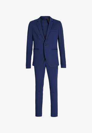 Marineblaues Anzug mit einem Ein-Knopf-Verschluss, Reverskragen, Seitentaschen und schmal geschnittenen Hosen. Glattes, leichtes Material mit feiner Textur.