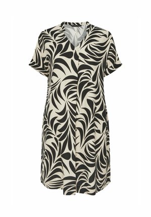 Beige Kleid mit kurzen Ärmeln, schwarzen abstrakten Blättermustern und V-Ausschnitt.