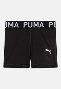 Shorts sportivi neri con un logo PUMA bianco in basso a sinistra e una larga vita nera con testo "PUMA" bianco ripetuto.