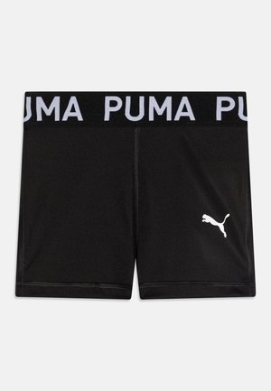 Sorte treningsshorts med en PUMA-logo i hvitt nederst til venstre og en bred svart waistband med gjentatt hvit "PUMA" tekst.