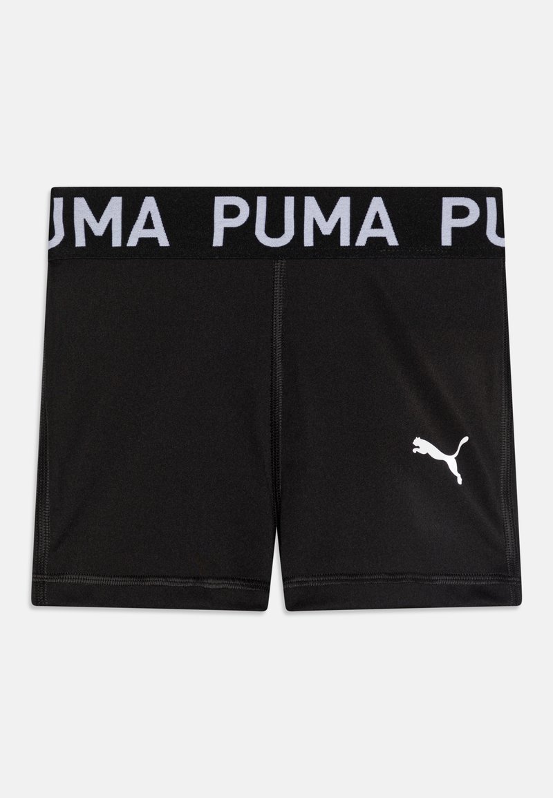 Shorts sportivi neri con un logo PUMA bianco in basso a sinistra e una larga vita nera con testo "PUMA" bianco ripetuto.