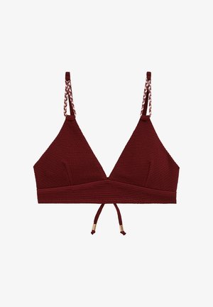 Bralette bordeaux testurizzato con sottili spalline intrecciate e dettaglio con fiocco frontale con accenti dorati.