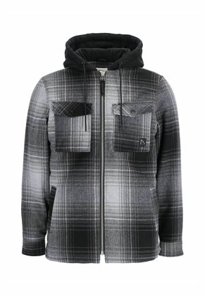 Chaqueta con capucha a cuadros en negro y gris, con cierre de cremallera al frente, dos bolsillos en el pecho y cordones, con una textura suave y un forro cálido.