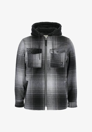 Melna un pelēka kvadrātveida raksta kapuce ar rāvējslēdzēju priekšā, divām krūšu kabatām un auklām, kas izceļas ar mīkstu tekstūru un siltu oderi.