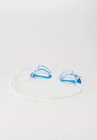 Occhialini da nuoto blu e trasparenti con cinghie regolabili bianche. Dotati di un design elegante e di guarnizioni in silicone morbido per il massimo comfort.