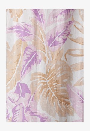 Blomstret stof med store, strukturerede blade i bløde nuancer af lavendel og beige på en hvid baggrund, med et glat, let væv.