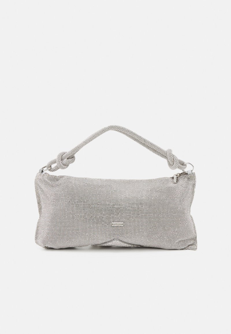 Metallnät axelväska i silver, med en knuten handtag, dragkedjestängning och geometrisk form med en mjuk yta.