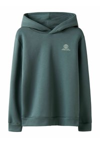 Sweat à capuche en teal doux, fabriqué dans un tissu agréable. Dispose d'un logo blanc sur le devant et de poignets et d'un ourlet côtelés pour un ajustement sécurisé.