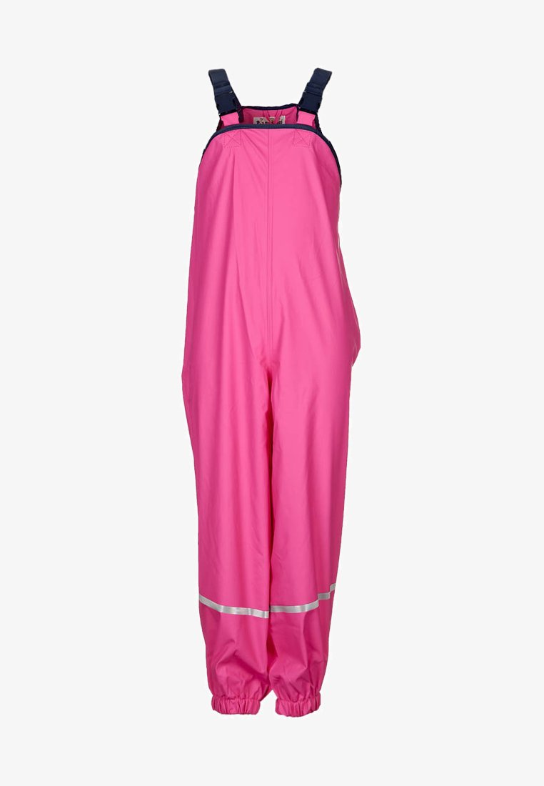 Macacão rosa impermeável com alças ajustáveis, punhos elásticos e detalhes refletivos. Feito de material liso e leve.