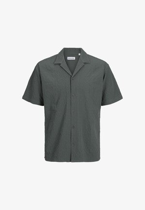 Koszula z krótkim rękawem w ciemnozielonym kolorze, wykonana z teksturowanej tkaniny w kratkę, z kołnierzykiem i zapięciem na guziki z przodu.