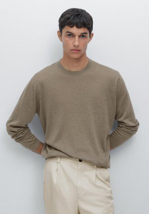 Lichtbruine lange mouwen crewneck trui van zachte brei, gecombineerd met lichtbeige op maat gemaakte broek, tegen een effen witte achtergrond.