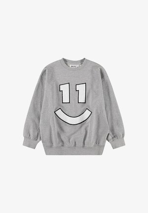 Grå sweatshirt med et stort tekstureret hvidt smilende ansigt og "11" i sort. Har rund hals og ribstrikkede manchetter og kant.