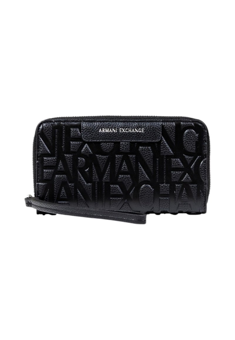 Portafoglio a polso nero di Armani Exchange con motivo logo in rilievo e un cinturino per il polso attaccato sul lato sinistro.