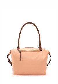 Borsa a tracolla in tessuto pesca con manici in pelle marrone e dettagli con zip, dotata di una tasca frontale con zip e un ampio scomparto principale.