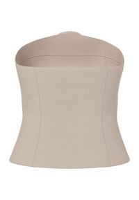 Haut corset beige sans bretelles avec coutures structurées et encolure droite, conçu pour s'ajuster parfaitement à la taille et à la poitrine.