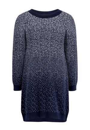 Vestido suéter de punto azul marino con cuello redondo, mangas largas y un patrón texturizado de puntos blancos dispersos.