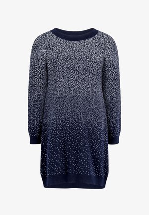 Vestido suéter de punto azul marino con cuello redondo, mangas largas y un patrón texturizado de puntos blancos dispersos.