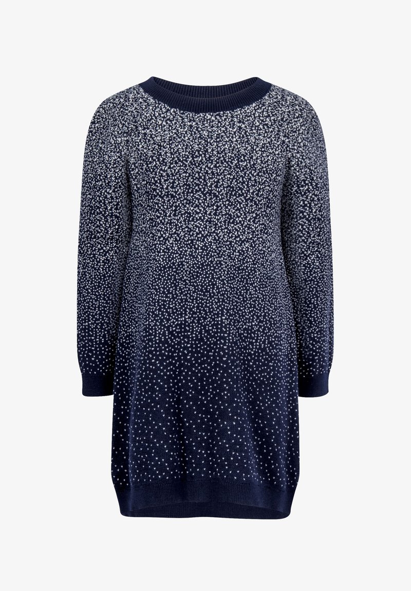 Robe-pull en tricot bleu marine avec un col rond, des manches longues et un motif texturé de points blancs éparpillés.