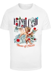 Hvid bomulds t-shirt med et farverigt grafisk design af en kæreste omgivet af penge, blomsterindslag og teksten "FRESH CASH".