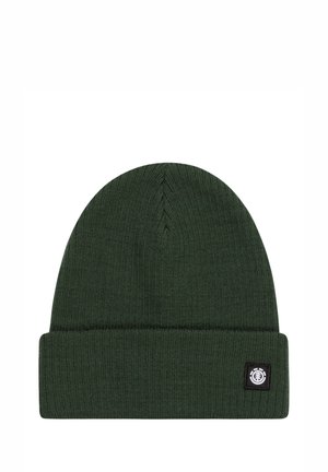 Dark green knit beanie with a folded cuff and a small black logo patch. Features a textured ribbed pattern throughout. Soft material.