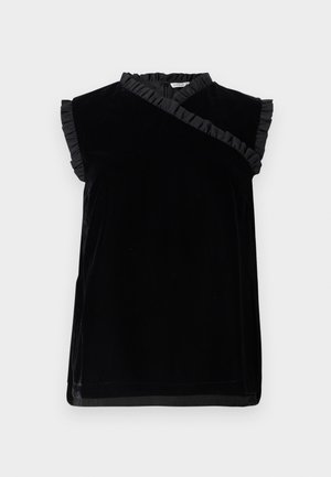 Top de veludo preto com mangas curtas franzidas e decote assimétrico. Textura suave com acabamento limpo na bainha.