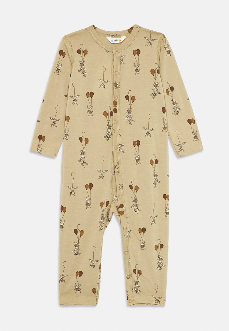 Beige Langarm-Babykombination mit Druckknöpfen, verziert mit einem Muster aus kleinen Kaninchen, die braune Luftballons halten.